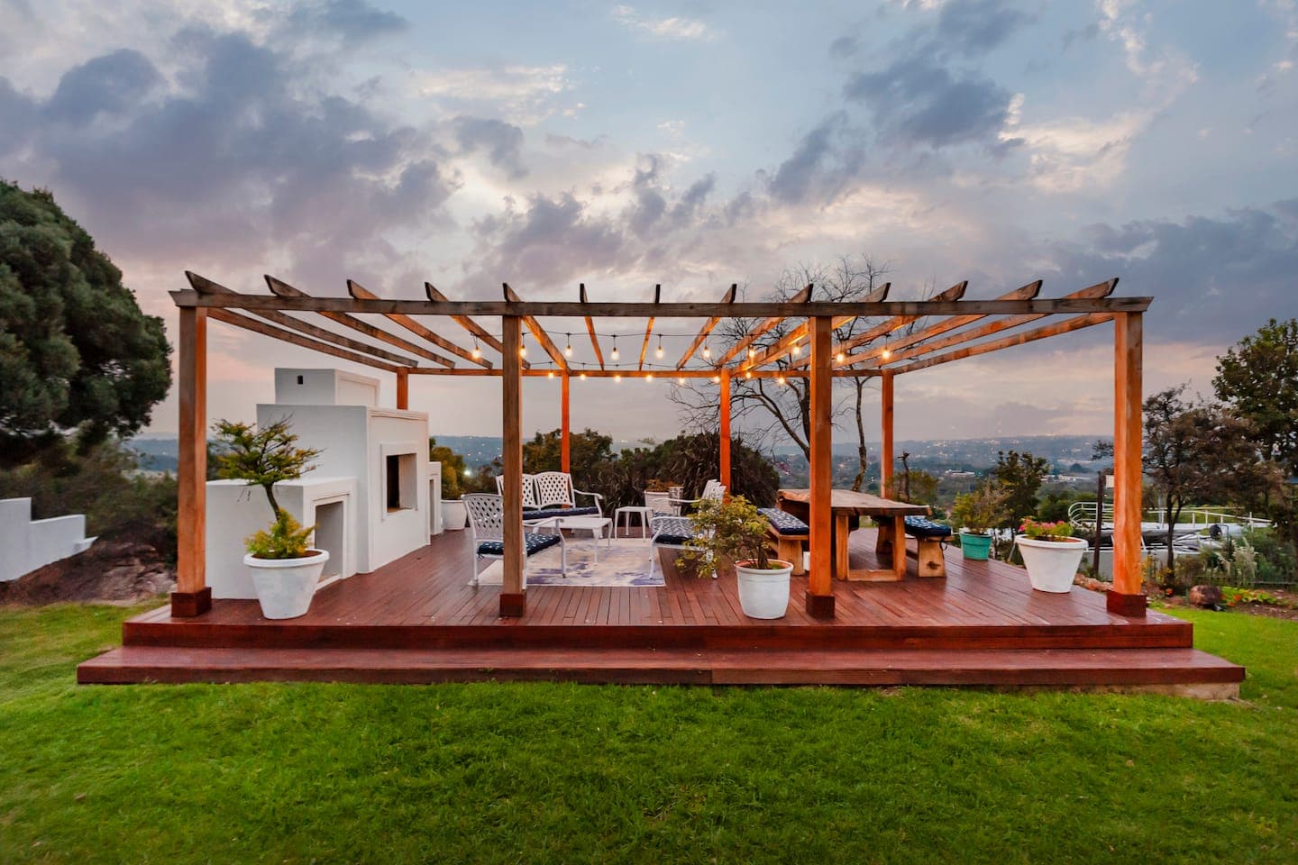 Garden pergola on a timber deck